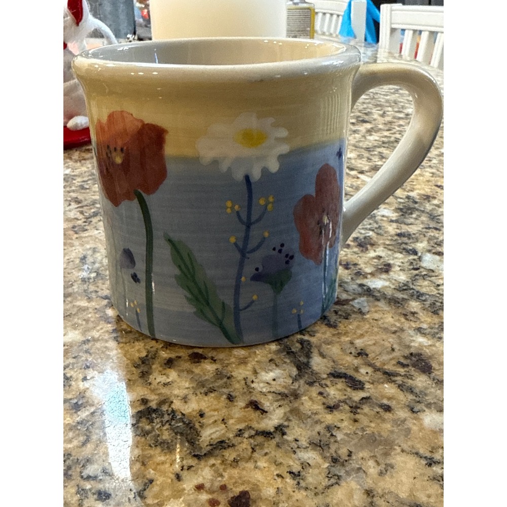 Hartstone Handpainted Stoneware Mug Wildflower Poppy Daisy Blue Cream USA Made